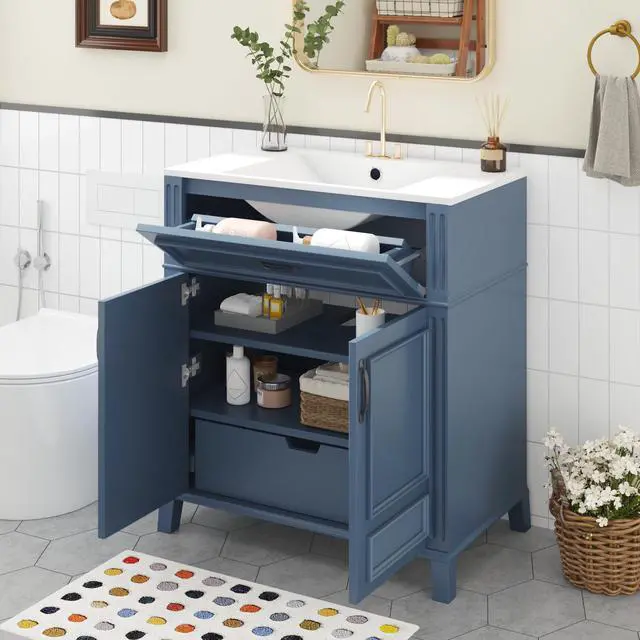 Alt view image 3 of 6 - 30 Inch Blue Bathroom Vanity with Sink,Retro Bathroom Vanity with Integrated Countertop,Tip-Out Tray & Hidden Sliding Drawer,2 Shelves,Soft Closing Doors with Black Handles,Solid Wood Frame