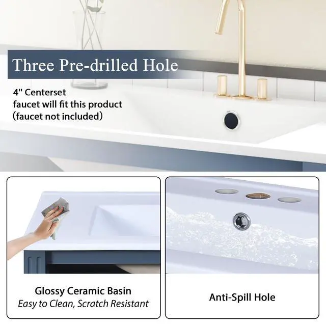 Alt view image 4 of 6 - 30 Inch Blue Bathroom Vanity with Sink,Retro Bathroom Vanity with Integrated Countertop,Tip-Out Tray & Hidden Sliding Drawer,2 Shelves,Soft Closing Doors with Black Handles,Solid Wood Frame