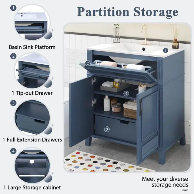 Alt view image 5 of 6 - 30 Inch Blue Bathroom Vanity with Sink,Retro Bathroom Vanity with Integrated Countertop,Tip-Out Tray & Hidden Sliding Drawer,2 Shelves,Soft Closing Doors with Black Handles,Solid Wood Frame