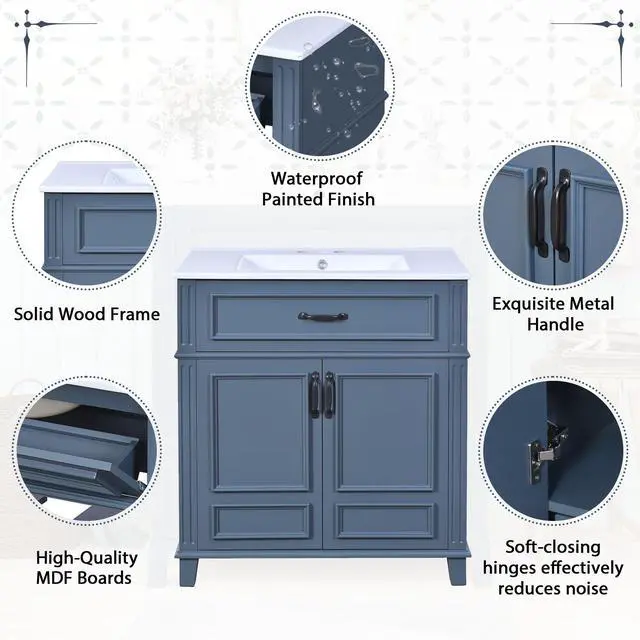 Alt view image 6 of 6 - 30 Inch Blue Bathroom Vanity with Sink,Retro Bathroom Vanity with Integrated Countertop,Tip-Out Tray & Hidden Sliding Drawer,2 Shelves,Soft Closing Doors with Black Handles,Solid Wood Frame