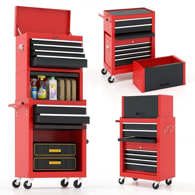 Main image of 2-in-1 Rolling Tool Chest with 5 Drawers, Heavy-Duty Metal Tool Box with Wheels, Detachable Top Tool Box & Rolling Tool Cabinet for Garage, DIY (6-Drawers Whith Middle Box, Red+Black)