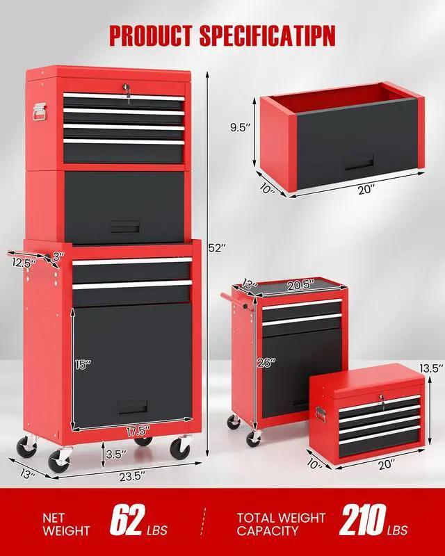 Alt view image 2 of 6 - 2-in-1 Rolling Tool Chest with 5 Drawers, Heavy-Duty Metal Tool Box with Wheels, Detachable Top Tool Box & Rolling Tool Cabinet for Garage, DIY (6-Drawers Whith Middle Box, Red+Black)