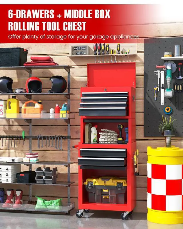 Alt view image 3 of 6 - 2-in-1 Rolling Tool Chest with 5 Drawers, Heavy-Duty Metal Tool Box with Wheels, Detachable Top Tool Box & Rolling Tool Cabinet for Garage, DIY (6-Drawers Whith Middle Box, Red+Black)