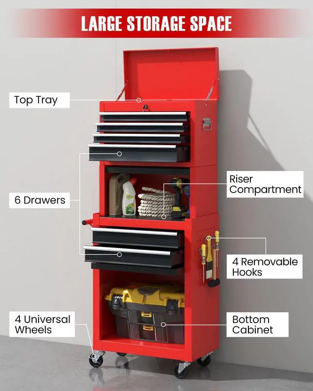 Alt view image 4 of 6 - 2-in-1 Rolling Tool Chest with 5 Drawers, Heavy-Duty Metal Tool Box with Wheels, Detachable Top Tool Box & Rolling Tool Cabinet for Garage, DIY (6-Drawers Whith Middle Box, Red+Black)