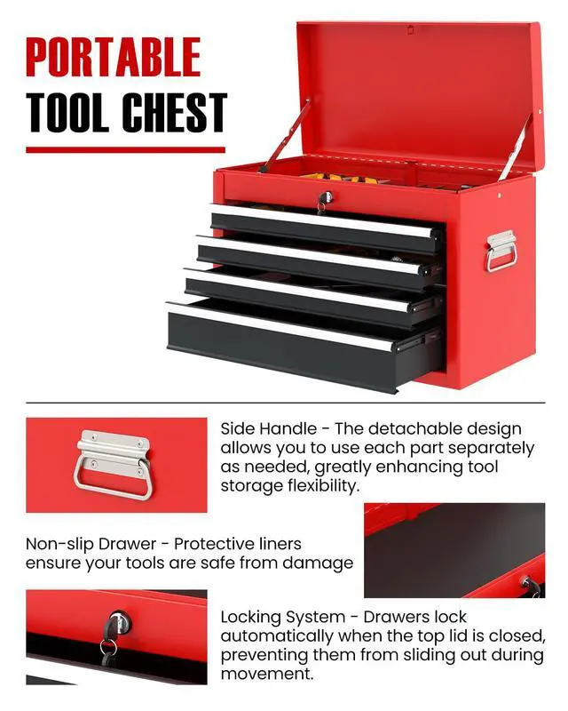 Alt view image 5 of 6 - 2-in-1 Rolling Tool Chest with 5 Drawers, Heavy-Duty Metal Tool Box with Wheels, Detachable Top Tool Box & Rolling Tool Cabinet for Garage, DIY (6-Drawers Whith Middle Box, Red+Black)