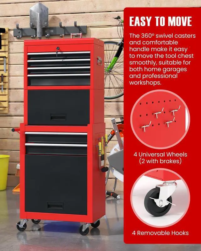 Alt view image 6 of 6 - 2-in-1 Rolling Tool Chest with 5 Drawers, Heavy-Duty Metal Tool Box with Wheels, Detachable Top Tool Box & Rolling Tool Cabinet for Garage, DIY (6-Drawers Whith Middle Box, Red+Black)