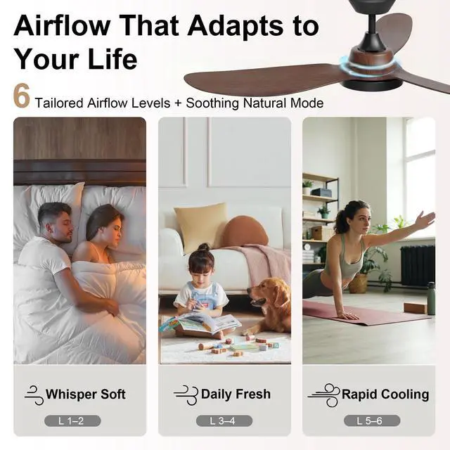 Alt view image 4 of 6 - Ceiling Fan with Lights, 42 Inch Ceiling Fans with Remote Control, 6-Speed 3591 CFM, Quiet & Reversible DC Motor, 3CCT Dimmable LED, for Bedroom, Living Room (Black & Walnut, 42 inch)