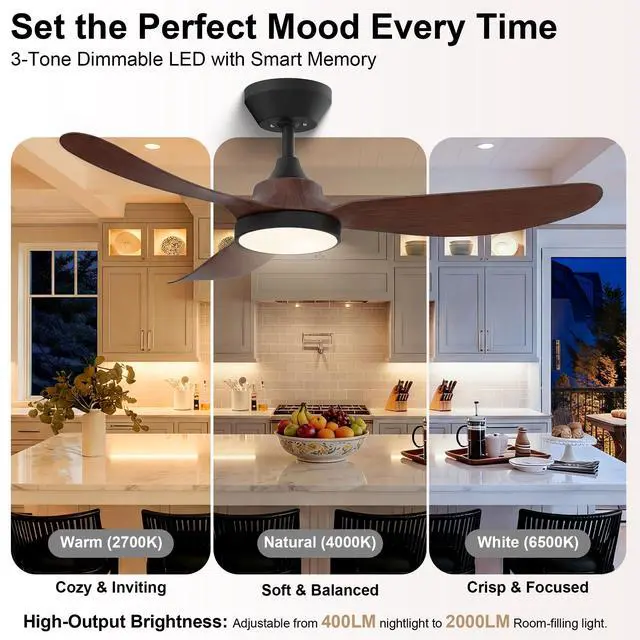 Alt view image 6 of 6 - Ceiling Fan with Lights, 42 Inch Ceiling Fans with Remote Control, 6-Speed 3591 CFM, Quiet & Reversible DC Motor, 3CCT Dimmable LED, for Bedroom, Living Room (Black & Walnut, 42 inch)