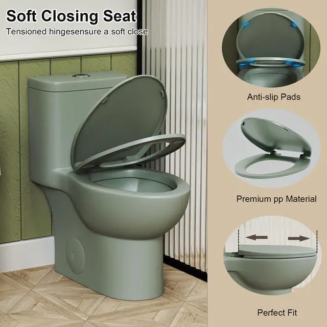 Alt view image 5 of 6 - Dual Flush One Piece Toilets for Bathrooms, Compact Toilet Elongated with Soft Closing Seat, Modern 12 Inch Rough in Toilet, Map 1000g, Comfort Height, Silent Design (Sage Green)