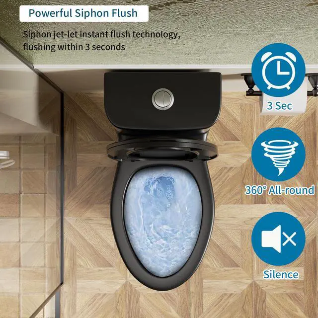 Alt view image 3 of 6 - Black One Piece Toilets for Bathrooms, Compact Dual Flush Toilet Elongated with Soft Closing Seat, Modern 12 Inch Rough in Toilet, Map 1000g, Comfort Height, Silent Design (Black)