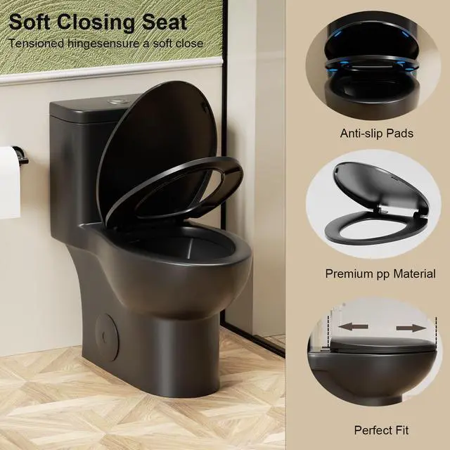 Alt view image 5 of 6 - Black One Piece Toilets for Bathrooms, Compact Dual Flush Toilet Elongated with Soft Closing Seat, Modern 12 Inch Rough in Toilet, Map 1000g, Comfort Height, Silent Design (Black)