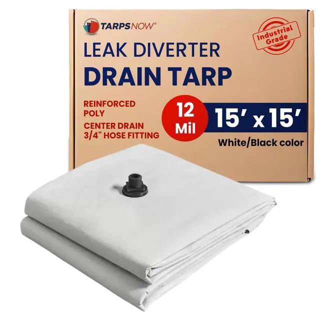 Main image of Tarps Now 15x15 ft Leak Diverter Tarp & Roof Rain Diverter 12 Mil Reinforced Poly Ceiling & Roof Leak Tarp with Drain Flange for Emergency Leaks D-Ring Corners Connects to 3/4" Garden Hose