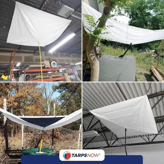 Alt view image 3 of 6 - Tarps Now 15x15 ft Leak Diverter Tarp & Roof Rain Diverter 12 Mil Reinforced Poly Ceiling & Roof Leak Tarp with Drain Flange for Emergency Leaks D-Ring Corners Connects to 3/4" Garden Hose