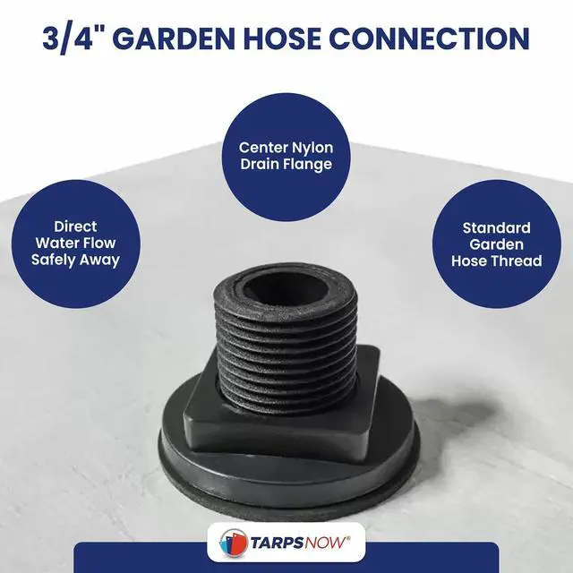 Alt view image 4 of 6 - Tarps Now 15x15 ft Leak Diverter Tarp & Roof Rain Diverter 12 Mil Reinforced Poly Ceiling & Roof Leak Tarp with Drain Flange for Emergency Leaks D-Ring Corners Connects to 3/4" Garden Hose