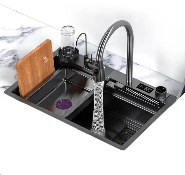 Main image of Black Nano 304 Stainless Steel Kitchen Sink with Waterfall Faucet & LED Temperature Display - Single Bowl Drop-In Workstation Sink with Pull-Down Sprayer (33 x 22 inch)