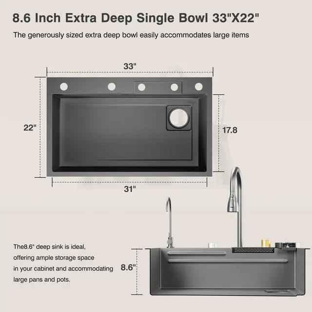Alt view image 2 of 6 - Black Nano 304 Stainless Steel Kitchen Sink with Waterfall Faucet & LED Temperature Display - Single Bowl Drop-In Workstation Sink with Pull-Down Sprayer (33 x 22 inch)
