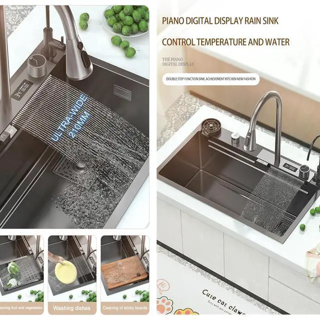 Alt view image 3 of 6 - Black Nano 304 Stainless Steel Kitchen Sink with Waterfall Faucet & LED Temperature Display - Single Bowl Drop-In Workstation Sink with Pull-Down Sprayer (33 x 22 inch)