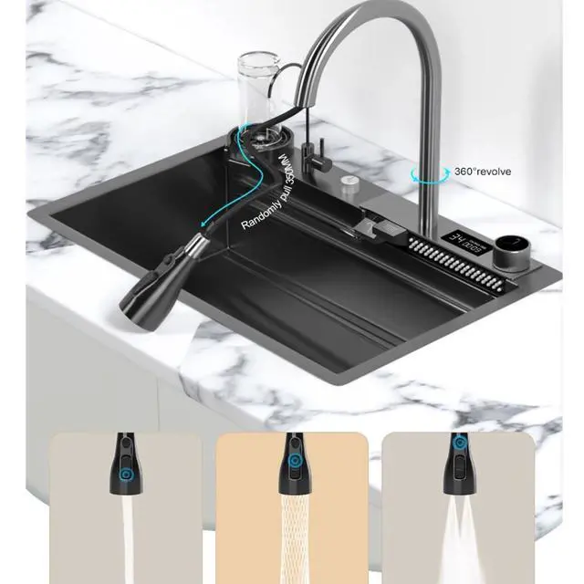 Alt view image 4 of 6 - Black Nano 304 Stainless Steel Kitchen Sink with Waterfall Faucet & LED Temperature Display - Single Bowl Drop-In Workstation Sink with Pull-Down Sprayer (33 x 22 inch)