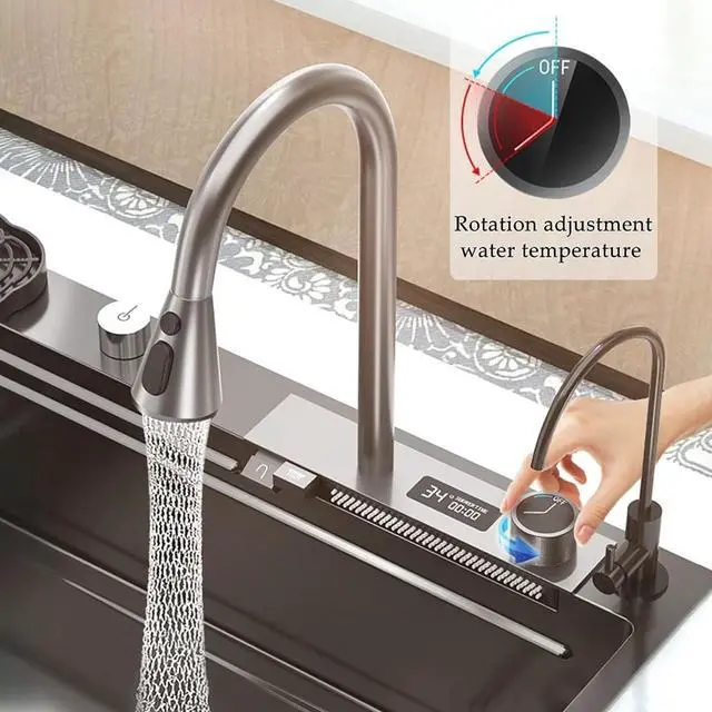Alt view image 5 of 6 - Black Nano 304 Stainless Steel Kitchen Sink with Waterfall Faucet & LED Temperature Display - Single Bowl Drop-In Workstation Sink with Pull-Down Sprayer (33 x 22 inch)