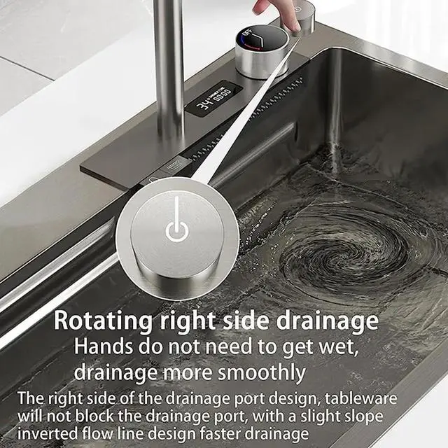 Alt view image 6 of 6 - Black Nano 304 Stainless Steel Kitchen Sink with Waterfall Faucet & LED Temperature Display - Single Bowl Drop-In Workstation Sink with Pull-Down Sprayer (33 x 22 inch)