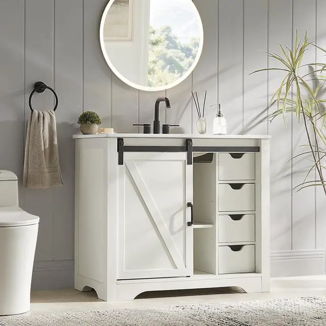 Main image of Farmhouse Bathroom Vanity with Sink Combo, 36" Sliding Barn Door Bathroom Vanities w/Ceramic Basin & 4 Drawers, Freestanding Thicken Single Sink Cabinet w/Adjustable Shelve (White)
