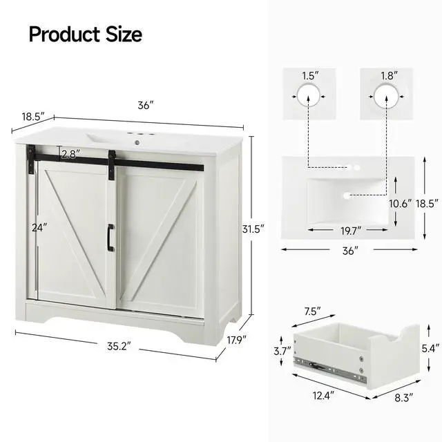 Alt view image 2 of 6 - Farmhouse Bathroom Vanity with Sink Combo, 36" Sliding Barn Door Bathroom Vanities w/Ceramic Basin & 4 Drawers, Freestanding Thicken Single Sink Cabinet w/Adjustable Shelve (White)