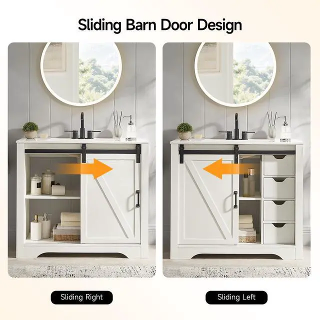 Alt view image 3 of 6 - Farmhouse Bathroom Vanity with Sink Combo, 36" Sliding Barn Door Bathroom Vanities w/Ceramic Basin & 4 Drawers, Freestanding Thicken Single Sink Cabinet w/Adjustable Shelve (White)