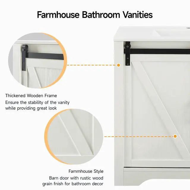 Alt view image 4 of 6 - Farmhouse Bathroom Vanity with Sink Combo, 36" Sliding Barn Door Bathroom Vanities w/Ceramic Basin & 4 Drawers, Freestanding Thicken Single Sink Cabinet w/Adjustable Shelve (White)