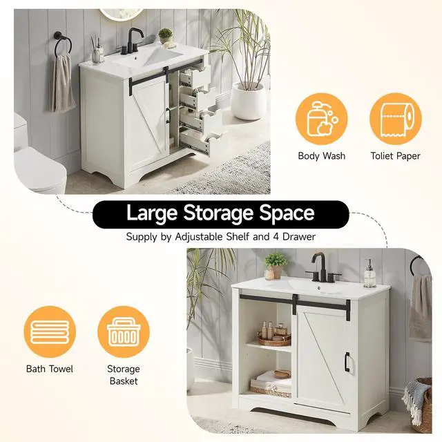 Alt view image 5 of 6 - Farmhouse Bathroom Vanity with Sink Combo, 36" Sliding Barn Door Bathroom Vanities w/Ceramic Basin & 4 Drawers, Freestanding Thicken Single Sink Cabinet w/Adjustable Shelve (White)