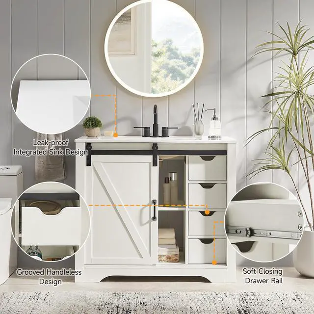 Alt view image 6 of 6 - Farmhouse Bathroom Vanity with Sink Combo, 36" Sliding Barn Door Bathroom Vanities w/Ceramic Basin & 4 Drawers, Freestanding Thicken Single Sink Cabinet w/Adjustable Shelve (White)