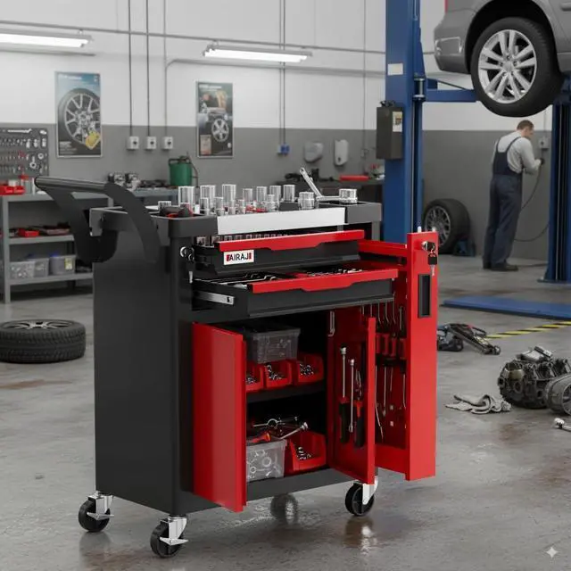 Alt view image 2 of 6 - Tool Chest 2-Drawer | Rolling Tool Chest with Wheels/Side Drawer | Drawers Integrated Lockable | Tool Cart/Cabinet with Drawers for Garage Storage,Workshop | Safety Rounded Corner Anti-collision | Red