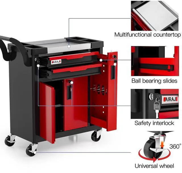 Alt view image 5 of 6 - Tool Chest 2-Drawer | Rolling Tool Chest with Wheels/Side Drawer | Drawers Integrated Lockable | Tool Cart/Cabinet with Drawers for Garage Storage,Workshop | Safety Rounded Corner Anti-collision | Red