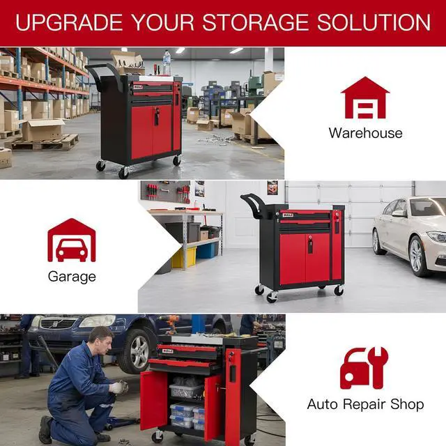 Alt view image 6 of 6 - Tool Chest 2-Drawer | Rolling Tool Chest with Wheels/Side Drawer | Drawers Integrated Lockable | Tool Cart/Cabinet with Drawers for Garage Storage,Workshop | Safety Rounded Corner Anti-collision | Red