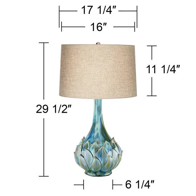 Alt view image 4 of 6 - Kenya Modern Tropical 3-Way Table Lamp with Dimmer 29 1/2" Tall Blue Green Glaze Ceramic Beige Linen Drum Shade for Bedroom Living Room House Home Bedside Nightstand Office