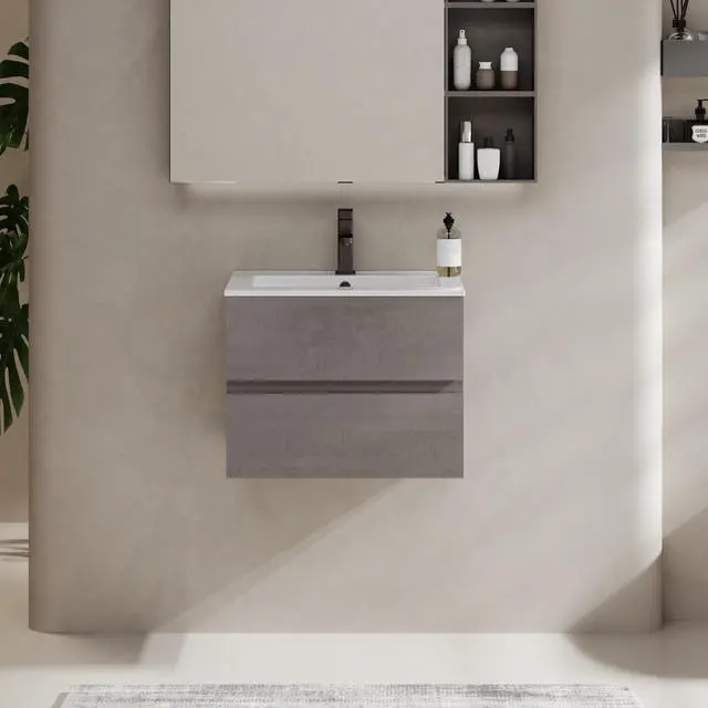 Main image of 24" Wall Mounted Bathroom Vanity with Sink Combo Set, Floating Bathroom Storage Cabinet w/Bevelled Invisible Handles, 2 Drawers, Cement Grey (White Sink, Faucet Included)