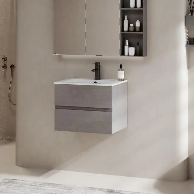 Alt view image 2 of 6 - 24" Wall Mounted Bathroom Vanity with Sink Combo Set, Floating Bathroom Storage Cabinet w/Bevelled Invisible Handles, 2 Drawers, Cement Grey (White Sink, Faucet Included)