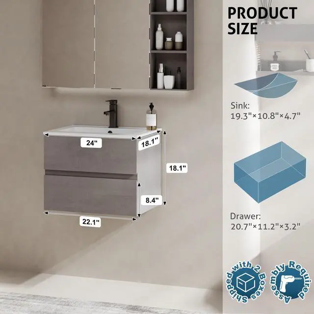 Alt view image 3 of 6 - 24" Wall Mounted Bathroom Vanity with Sink Combo Set, Floating Bathroom Storage Cabinet w/Bevelled Invisible Handles, 2 Drawers, Cement Grey (White Sink, Faucet Included)