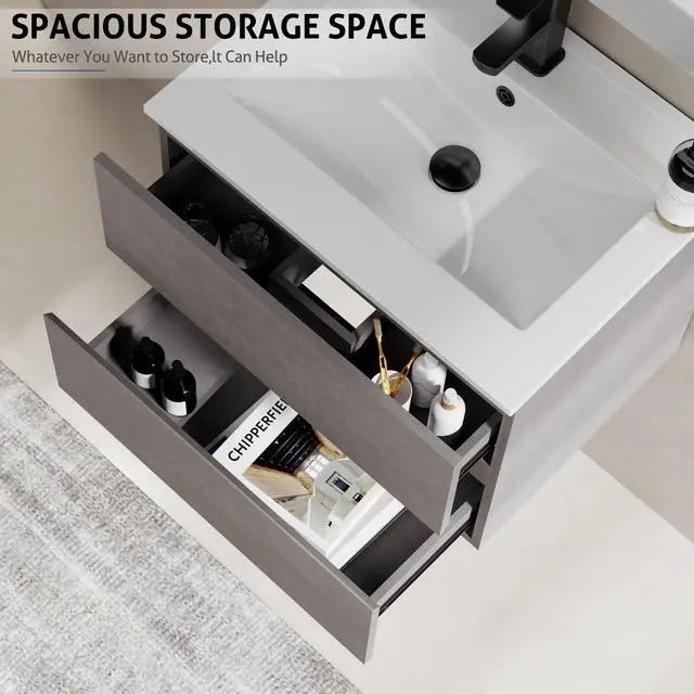 Alt view image 4 of 6 - 24" Wall Mounted Bathroom Vanity with Sink Combo Set, Floating Bathroom Storage Cabinet w/Bevelled Invisible Handles, 2 Drawers, Cement Grey (White Sink, Faucet Included)
