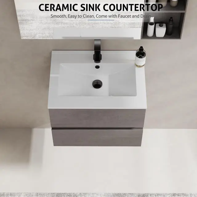 Alt view image 6 of 6 - 24" Wall Mounted Bathroom Vanity with Sink Combo Set, Floating Bathroom Storage Cabinet w/Bevelled Invisible Handles, 2 Drawers, Cement Grey (White Sink, Faucet Included)