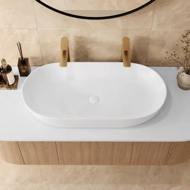 Alt view image 2 of 6 - 32 x 16 inch White Oval Bathroom Vessel Sink Above Counter Vanity Porcelain Ceramic Wash Basin - RVB0432 - Small Vessel Sink for Bathroom Sinks