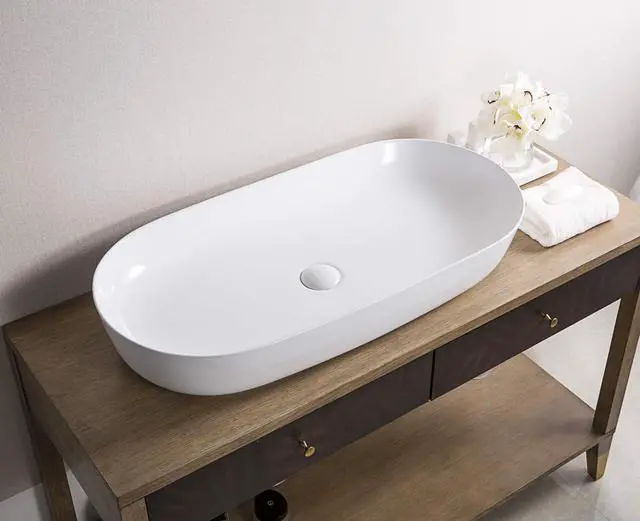 Alt view image 3 of 6 - 32 x 16 inch White Oval Bathroom Vessel Sink Above Counter Vanity Porcelain Ceramic Wash Basin - RVB0432 - Small Vessel Sink for Bathroom Sinks