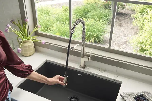Alt view image 5 of 6 - Seneca Stainless Steel Single Handle Pull Down Kitchen Faucet Modern Sharp Style with Pre-Rinse Sprayer - RVF1236BN