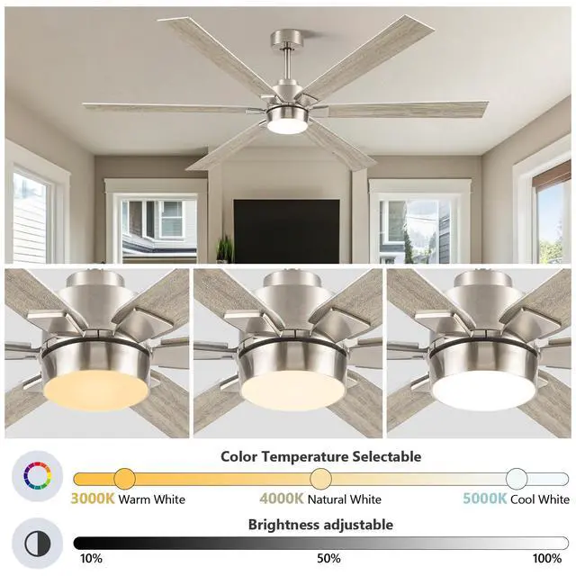 Alt view image 2 of 6 - Outdoor Ceiling Fans for Patios with Light, 66 inch Large Ceiling Fans with Lights, Modern Indoor Exterior Large Airflow Commercial Ceiling Fan for Gazebo Porch Garage, Dual Finish-Nickel & Oak Gray