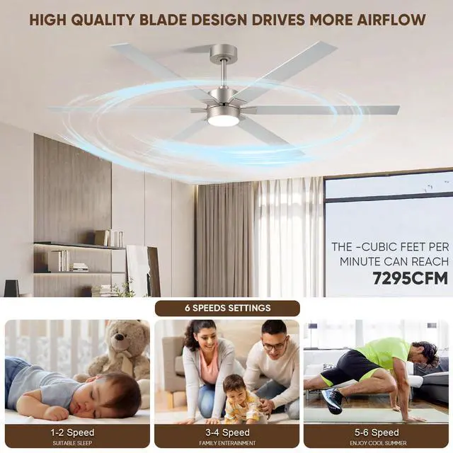 Alt view image 3 of 6 - Outdoor Ceiling Fans for Patios with Light, 66 inch Large Ceiling Fans with Lights, Modern Indoor Exterior Large Airflow Commercial Ceiling Fan for Gazebo Porch Garage, Dual Finish-Nickel & Oak Gray
