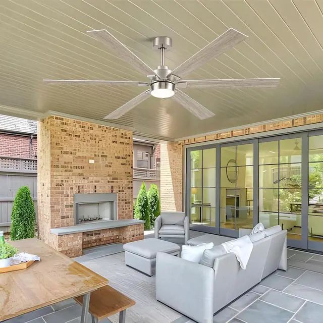 Alt view image 4 of 6 - Outdoor Ceiling Fans for Patios with Light, 66 inch Large Ceiling Fans with Lights, Modern Indoor Exterior Large Airflow Commercial Ceiling Fan for Gazebo Porch Garage, Dual Finish-Nickel & Oak Gray