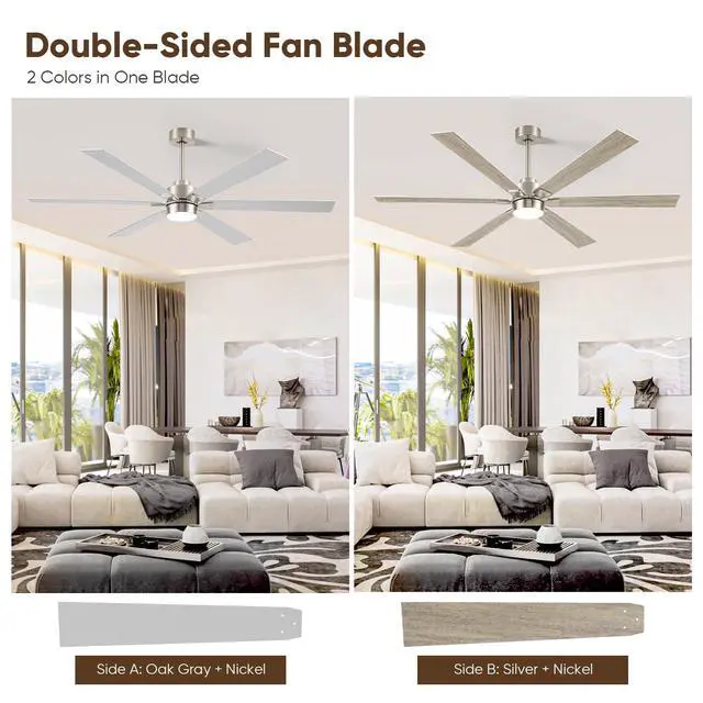 Alt view image 6 of 6 - Outdoor Ceiling Fans for Patios with Light, 66 inch Large Ceiling Fans with Lights, Modern Indoor Exterior Large Airflow Commercial Ceiling Fan for Gazebo Porch Garage, Dual Finish-Nickel & Oak Gray