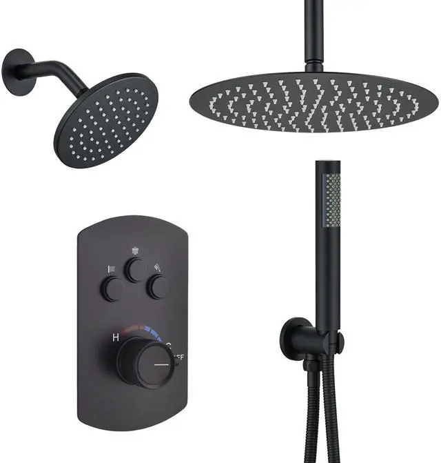 Main image of 12 Inch Ceiling Mounted Black Shower System, Dual Rainfall Shower Head & High Pressure Handheld Spray Combo, 3-Function Luxury Shower Faucet Set for Bathroom, All Functions Work Simultaneously