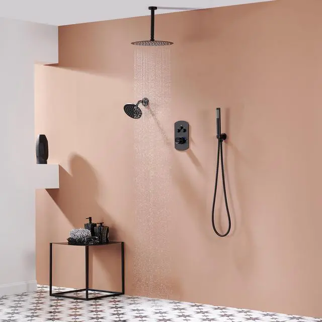 Alt view image 2 of 6 - 12 Inch Ceiling Mounted Black Shower System, Dual Rainfall Shower Head & High Pressure Handheld Spray Combo, 3-Function Luxury Shower Faucet Set for Bathroom, All Functions Work Simultaneously
