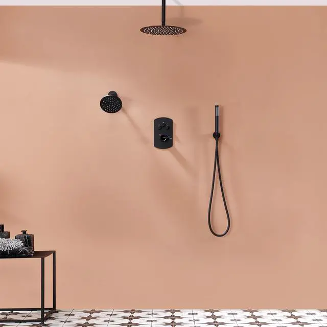 Alt view image 3 of 6 - 12 Inch Ceiling Mounted Black Shower System, Dual Rainfall Shower Head & High Pressure Handheld Spray Combo, 3-Function Luxury Shower Faucet Set for Bathroom, All Functions Work Simultaneously
