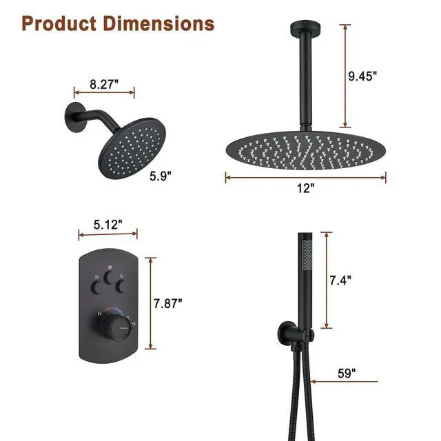 Alt view image 5 of 6 - 12 Inch Ceiling Mounted Black Shower System, Dual Rainfall Shower Head & High Pressure Handheld Spray Combo, 3-Function Luxury Shower Faucet Set for Bathroom, All Functions Work Simultaneously